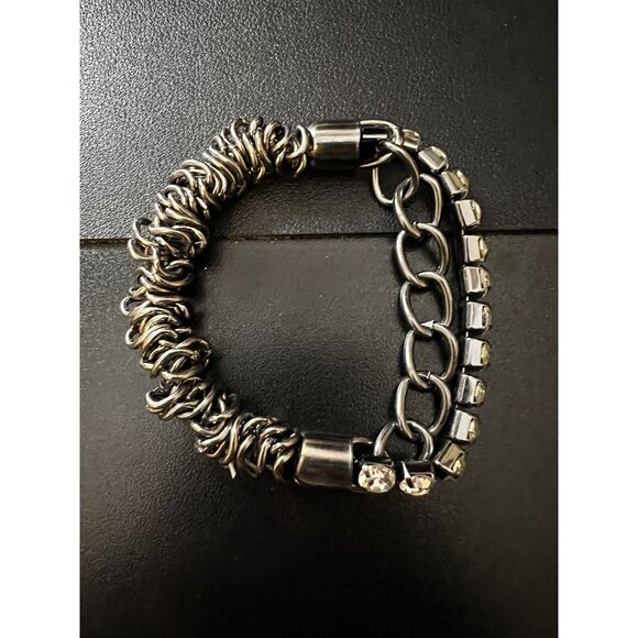 Heavy Silver Metal Rings Chain & Faux Diamond Stretchy Bracelet - Picture 2 of 5